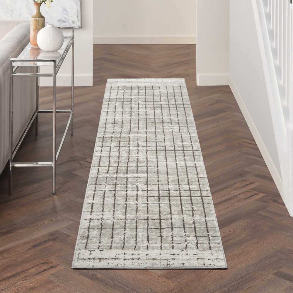 Quarry QUA13 Geometric Distressed Runner Rugs in Ivory Grey by Nourison